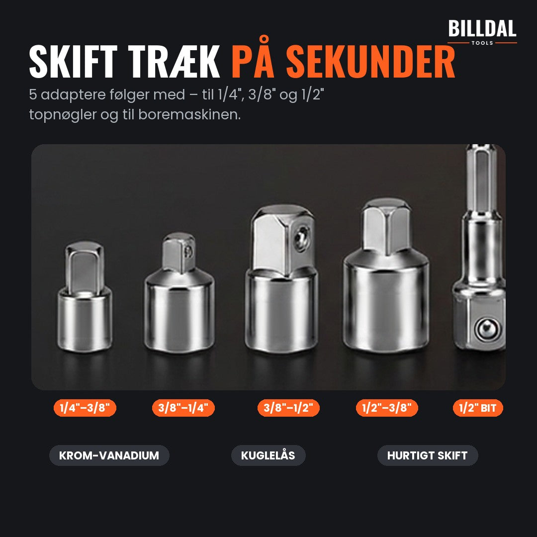 5 adaptere til 1/4", 3/8" og 1/2"